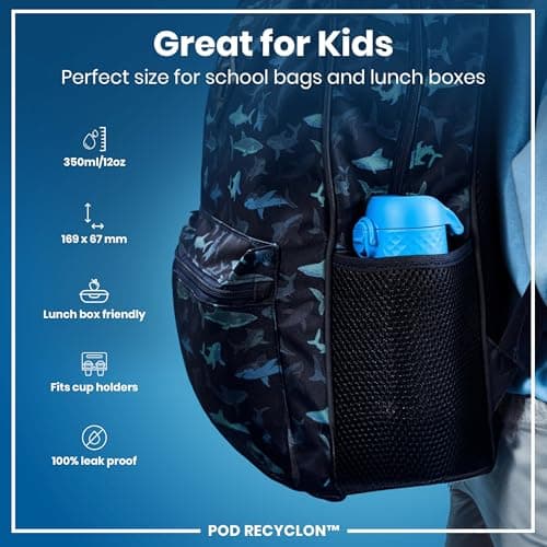 ION8 Kids Water Bottle, 350 ml/12 oz, Leak Proof, Easy to Open, Secure Lock, Dishwasher Safe, BPA Free, Carry Handle, Hygienic Flip Cover, Easy Clean, Odour Free, Carbon Neutral, Blue — view 2