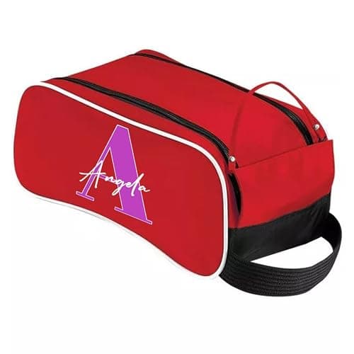 Personalised Shoe Bag with Initial & Name – Custom Boot Bag for Men, Women, Boys & Girls – Sports, Travel, Gym, Football, Golf – Zipped Waterproof Trainer Bag with Handle – 9L (Red, One Size)