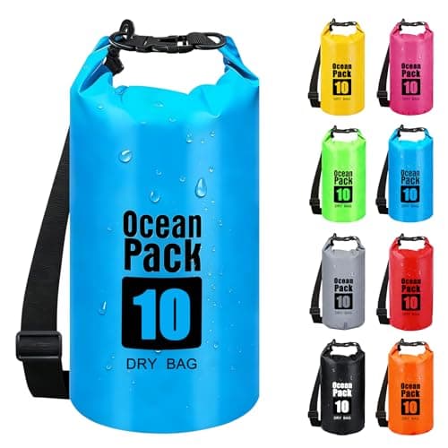 RONGZUBAT 10L Waterproof Dry Bag with Shoulder Strap, Roll Top Dry Sack for Towels and Clothes, Waterproof Bag for Kayaking, Paddle Boarding, Boating, Beach, Camping and Travel - Blue