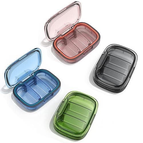 4 Pack 3 Compartment Small Pill Box, Moisture Proof Pill Case, Travel Pill Organizer for Pocket Purse, Daily Portable Medicine Vitamin Box, Fish Oil Box, Supplement Box