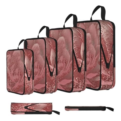 4 PCS Compression Packing Cubes, Gold Stripe Rose Printed Expandable Travel Organiser Packing Bags for Carry On Luggage Travel Accessories