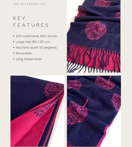 Cashmere Tree Life Blanket Scarf Gift - GIFT BOXED SCARF - Women Pashmina Shawl, Winter Scarves Women, Large Long Scarfs, Warm Scarf, Ladies Tree of Life Print (Navy Fuchsia - with gift box) — view 4