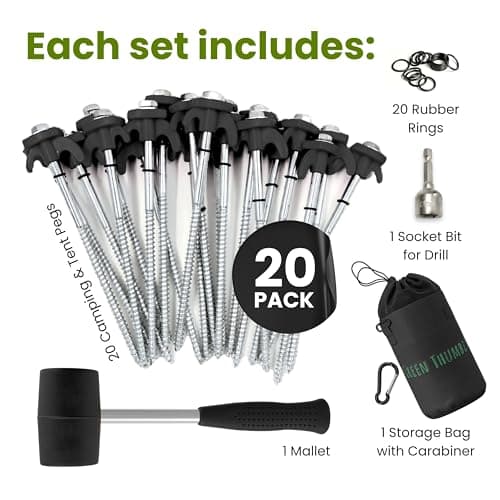 Heavy Duty Tent Pegs - 22cm x 20 Pack Black Hard Ground Tent Pegs with Storage Bag, Carabiner, Rubber Rings, Socket Bit and Mallet - Galvanized Camping Pegs for Outdoor — view 3