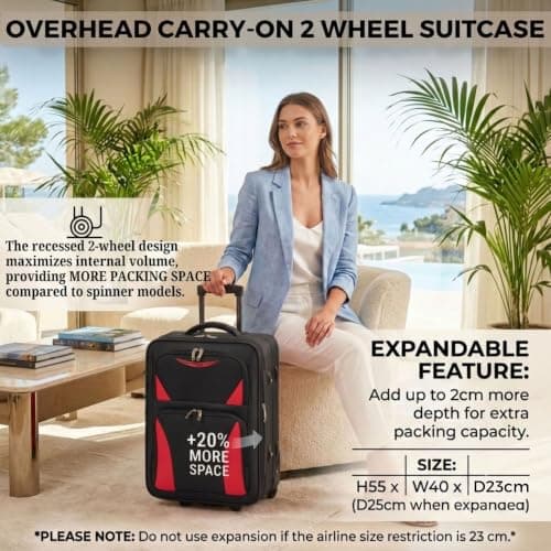 DK Luggage Carry-on 20” Lightweight Expandable Overhead Cabin Wizz air, EasyJet, BA, Jet 2 Hand Luggage Approved Suitcase 2 Wheel Luggage DK16 (Black/Red, 20" Cabin) — view 3