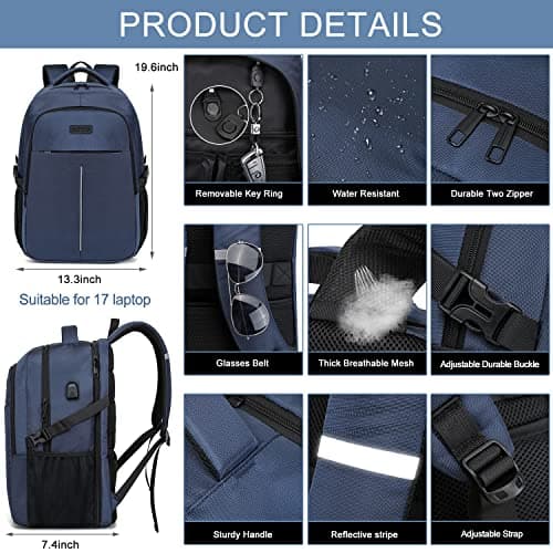 WENIG Backpack for Men,Extra Large 50L Water Resistant 17.3 inch Travel Laptop Backpack Work Bag with USB Charging Port,Anti Theft Big Business Computer Backpack for Men Women College School-Blue — view 4