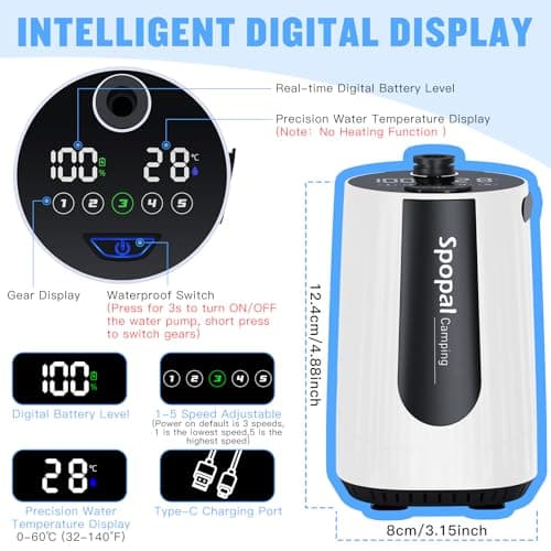 Spopal Portable Shower for Camping, [Upgraded] 10000mAh Rechargeable Camping Shower Pump with LED Display, 5 Adjustable Speeds, IPX8 Waterproof Outdoor Shower Kit for Hiking, Travel, Car, Pet (White) — view 4