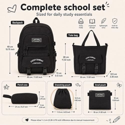 BREEZENEST 5Pcs School Bag Set Large Capacity Lightweight (Black) — view 3