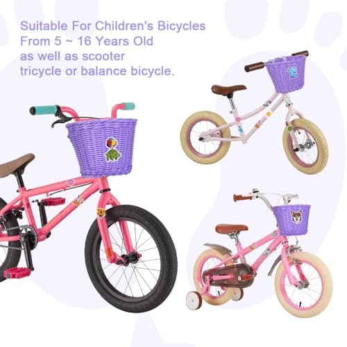 Flintronic Kids Bike Basket Handwoven Cycle Basket for Kids, Bicycle Basket For Girls Boys Childs, with Bike Accessories - Purple — view 5