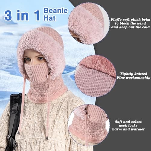 Ashloter 3 in 1 Beanie Hat for Women, 3in1 Thermal Winter Balaclava Knitted Hood with Scarf and Face Mask, Windproof Warm for Outdoor Skiing Hiking Running Skiing Cycling Ladis Men (Pink) — view 4