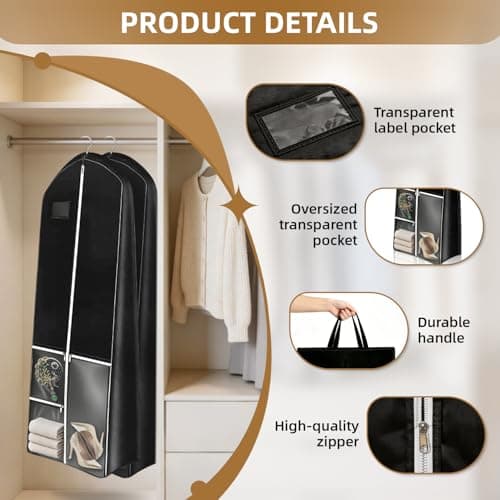 Long Dress Garment Bags, 180x60cm Folding Clothes Covers with 4 Pockets, Clothes Covers Protector Bags with Zipper, Dustproof Clothing Bag for Wedding Coat Gowns Dresses Suits Jackets Storage, Black — view 3