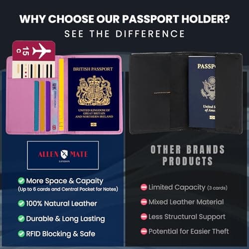 ALLEN & MATE Passport Holder Travel Wallet, 100% Leather RFID Blocking Travel Document Organiser for Men & Women — view 6