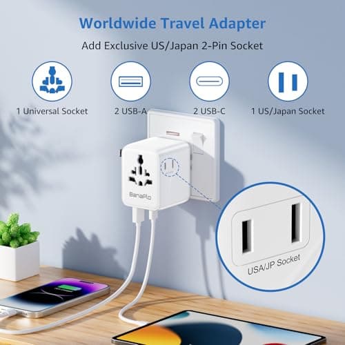 Banaplo Universal Travel Adapter, Worldwide Travel Plug Adapter with Extra US Socket, 2 USB-C and 2 USB-A Ports, All in One International Travel Adapter for UK, EU, USA, Australia etc. — view 2