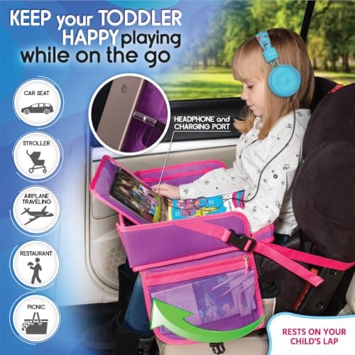 ECOFANTASY Kids Car Seat Tray & Travel Table with Tablet Holder – Pink — view 2