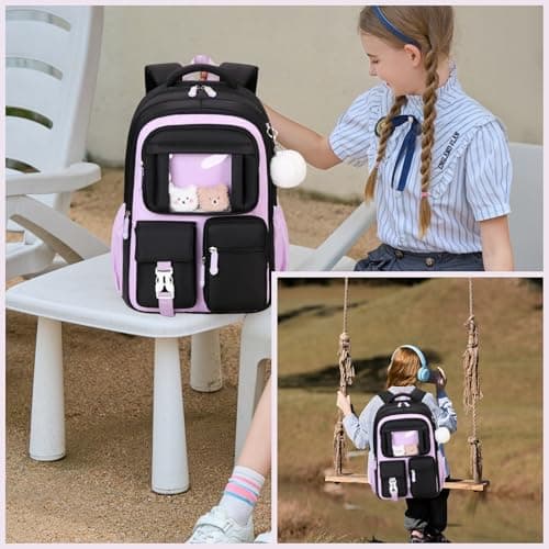 Kawaii Girls Backpack for Kids School Bag, Capacity Bookbag Rucksack for Girls Daypack, B552-Black+Purple — view 6