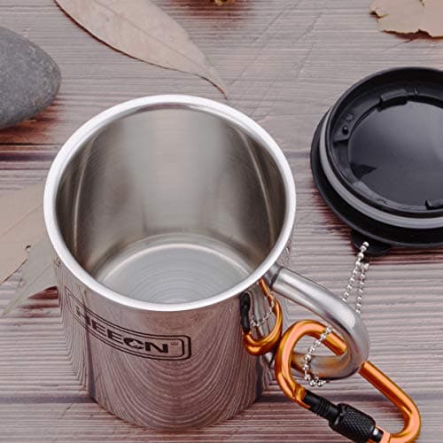 HEECN Camping Mugs - Double Walled Stainless Steel Mug for Hot Drinks with Lid and Carabiner - Backpacking - Trekking - Hiking - HESS038BBK300 — view 2