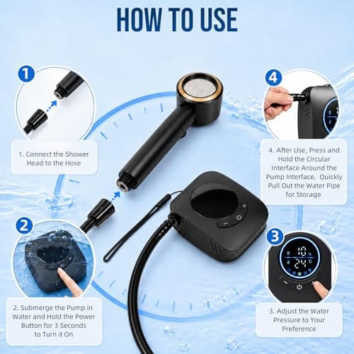 Portable Camping Shower, 8000mAh Rechargeable Portable Shower Pump with 20L Collapsible Bucket LED Display, 5 Water Pressure, 4 Spray Modes, IPX8 Waterproof Outdoor Shower for Hiking Travel Car Pet — view 6