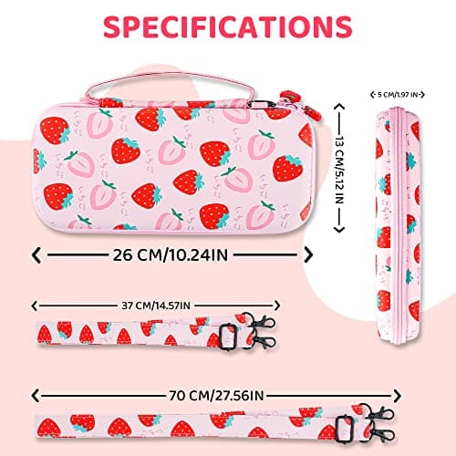 FANPL Carrying Case for Nintendo Switch and Switch OLED Accessories, Pink Strawberry Travel Case Bundle with Adjustable Shoulder Strap, Thumb Grips, Hard Switch Protective Case Cover Anti-Scratch — view 6