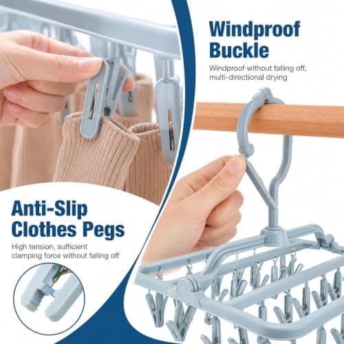 Lightista Clothes Drying Hanger with 32 Clothes Pegs & 360° Rotatable Hook, Multi-purpose Foldable Drip-Dry Sock Rack for Washing Line, Plastic Peg Hanger for Socks, Underwear, Bras, Baby Clothes — view 2