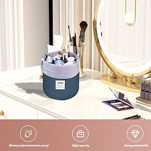 Women Travel Make Up Bag,Pouches Cosmetic Bags Girls Barrel Shaped Hanging Toiletry Wash Bags Nylon Drawstring Makeup Organizer Storage Bag + Small Zipper Pocket+PVC Transparent Brush Bag (Blue) — view 3