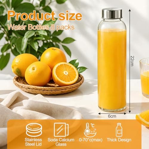 SUNNYNEST 8 Pack Glass Water Bottles 500ml, 22×6×6cm Reusable Leakproof Juice Bottles with Stainless Steel Lids & Cleaning Brush, Clear Glass Containers for Juicing, Milk, Smoothies, Hot & Cold Drinks — view 3