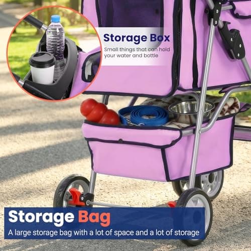 BestPet 4-Wheel Pet Stroller Dog and Cat Stroller Breathable Mesh Lightweight Travel Carrier Waterproof & Foldable Design Storage Basket for Daily Walks & Outdoor Use，Pink — view 5