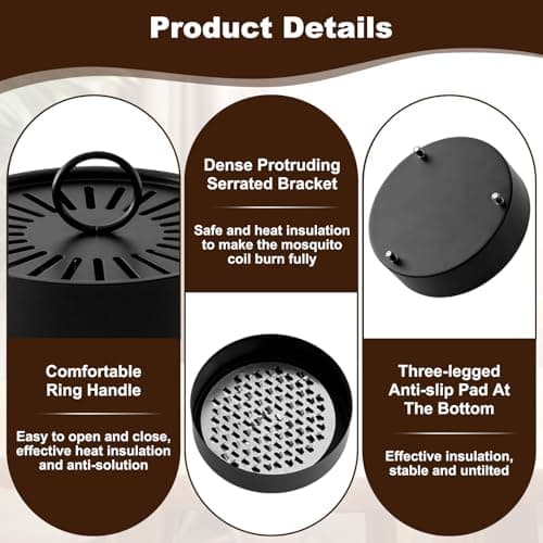 Portable Mosquito Coil Holder Stand with Handle & Lid, Spiral Metal Frame Mosquito Repellent Box, Non-Slip Base & Smoke Ventilation Design, Incense Holder for Indoor Outdoor Home Garden Camping Travel — view 3