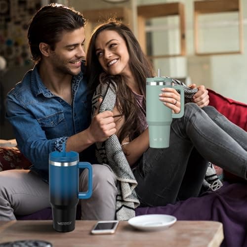 WATERSY 40oz Travel Mug Coffee Cup with 2 Straws, Tumbler Lid and Handle, Stainless Steel Double Wall Vacuum Insulated Coffee Water Bottle Thermal for Cold Hot Coffee 1182ml Green — view 5