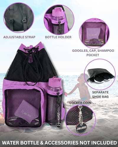 JIMJOOS Drawstring Mesh Swimming Bag - 25L Waterproof Swim Bag with Wet/Dry Compartment, Multifunctional Sports Backpack for Kids, Adults, Swimming, Surfing, Beach, Gym (Purple) — view 4