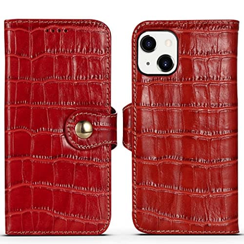 nincyee Genuine Leather Wallet Case for iPhone 13,Classic Crocodile Pattern Real Leather Flip Stand Case Cover with Card Slot Red