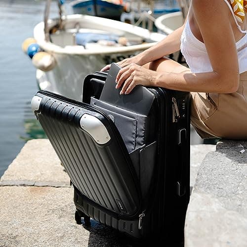 LEVEL8 Carry on Suitcase, 55CM Hand Luggage Expandable with Laptop Compartment, ABS+PC Hardshell Spinner Trolley Cabin Size with 4 Wheels, TSA, Black — view 2