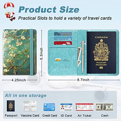 DMLuna Passport Holder, Premium PU Leather Travel Passport Wallet RFID Blocking Passport Cover Case Travel Documents Organizer with Pen Holder, for Women and Men, Blossom — view 3