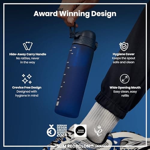 Ion8 Water Bottle, 500 ml/18 oz, Leak Proof, Easy to Open, Secure Lock, Dishwasher Safe, BPA Free, Hygienic Flip Cover, Carry Handle, Fits Cup Holders, Easy Clean, Odour Free, Carbon Neutral, Navy — view 6