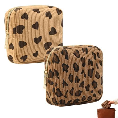 2PCS Sanitary Pad Storage Bag, Leopard Print and Hearts Design Small Storage Bag, Cute Sanitary Bags Sanitary Towel Holder for Teenage Girls School Travel Organization and Women