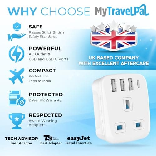 MyTravelPal UK to India Plug Adapter with USB C | British Safety Standards — view 4