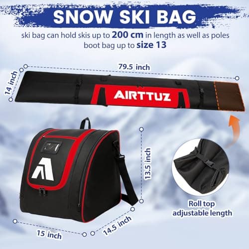 AIRTTUZ Ski Bag and Boot Bag Combo, Water-Resistant Ski Boot Travel Bag Fit Skis Up to 200 cm & Boots Size 13 With 5mm Foam Ski Gear Bag. (blk/red) — view 2