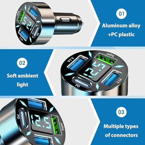 USB C Car Charger Adapter, 66W 4Port Multi PD/QC Fast Charging Cigarette — view 3