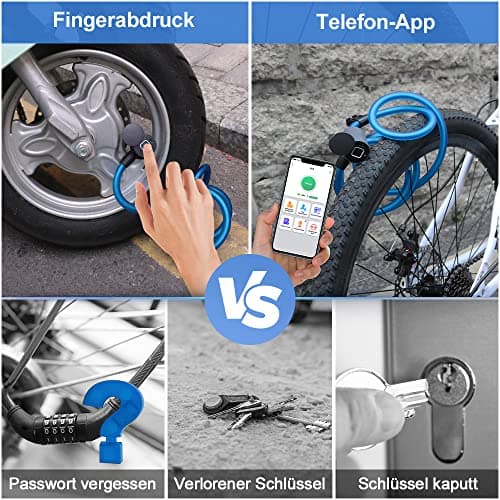 Digital Cable Lock eLinkSmart Bicycle Lock Fingerprint/Phone App, 150cm Long Keyless Steel Cable Lock for Bike, Electric Bike, Scooter, Motorcycle, Door, Waterproof, Remote Authorized, Blue — view 2