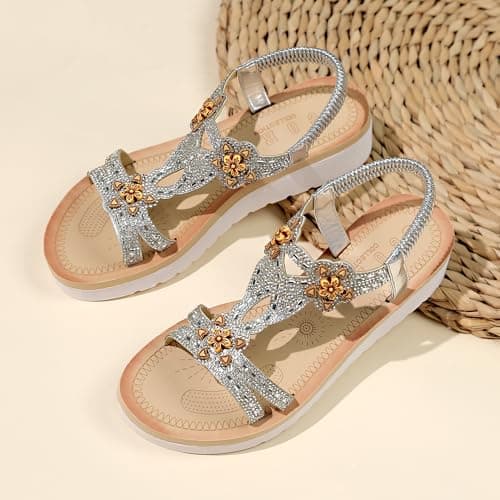 LUNATECH Summer Sandals For Women Flat Sandals Ladies Sandals Summer Shoes Dressy Casual Sandals Bohemian Sandals (SILVER, Adult, Women, 7, Numeric, UK Footwear Size System, Medium) — view 4