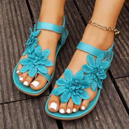 DFEK Womens Flat Sandals Summer Embroidery Flower Beach Flip Flops Ladies Thongs Elastic T-Strap Bohemian Shoes Casual Vacation(A01 Sky Blue,6.5) — view 2