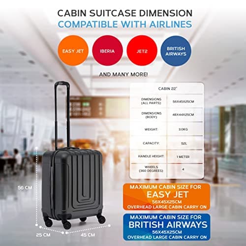 Flight Knight Premium Hard Shell Lightweight Cabin Suitcase - 8 Spinner Wheels - Built-in TSA Lock & USB Port - Luggage Approved for Airlines Including easyJet Large Cabin - 56x45x25cm — view 3