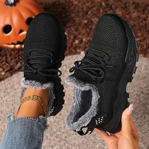 Womens Fleece Lined Trainers Winter Thick Sole Snow Boots Lightweight Lace Up Non Slip Orthopedic Wedge Sneakers Ladies Fashion Comfortable Tennis Walking Jogging Shoes Black — view 2
