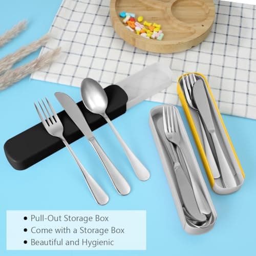 HOTUT 3 Pcs Travel Cutlery Set, Cutlery Set with Portable Pouch Case, Stainless Steel Flatware, Reusable, Portable Utensils for Home Outdoor Travel Picnic Office School Lunch Box, Black — view 3