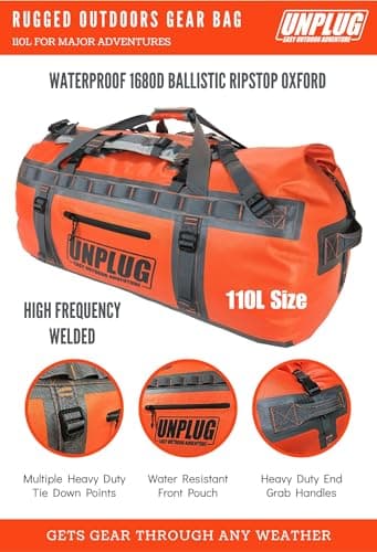 UNPLUG Ultimate Adventure Bag - 1680D Heavy Duty Waterproof Duffel Bag for Travel, Camping, Motorcycle, Hunting, Bug Out (110L Adventure Orange) — view 2