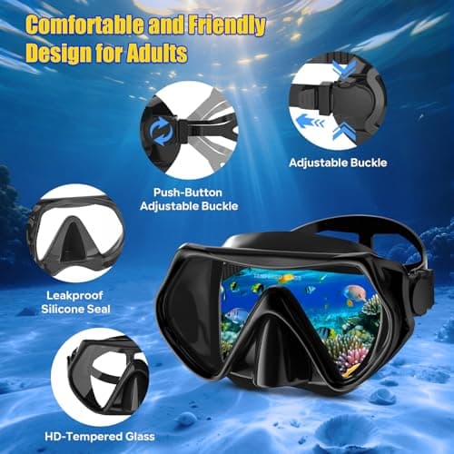 MELUMILU Snorkel Set, Snorkel Mask 180° Panoramic Wide View, Anti-Fog Scuba Diving Gear, Professional Swim Goggles for Free Breathing, Swim, Diving, (Black) — view 3