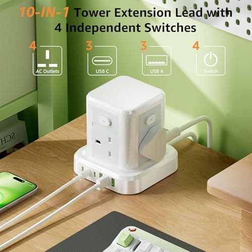 Cube Extension Lead with USB Slots, 4 Way Multi Plug Extension Socket with 3 USB C 3 USB A(13A/3250W) Tower Power Strip with 4 Independent Switches 1.5M Extension Cords for Desk Home Office Travel — view 2