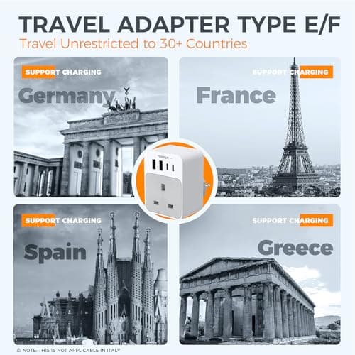 TESSAN UK to European Plug Adapter, Type E F Travel Adapter with USB C — view 4