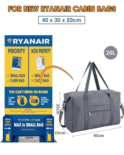 Narwey for Ryanair Cabin Bags 40X30X20 Underseat New Ryanair Small Foldable Travel Duffel Hospital Weekend Bag for Women Ryan Air Carry on Luggage Holdall Tote for Men 20L (Grey) — view 2