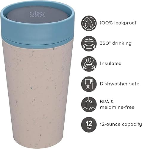 Circular and Co Mark I Model (PRE 2024) Reusable Coffee Cup 12oz/340ml - The World's First Travel Mug Made from Recycled Coffee Cups, 100% Leak-Proof (Cream & Faraway Blue) — view 2