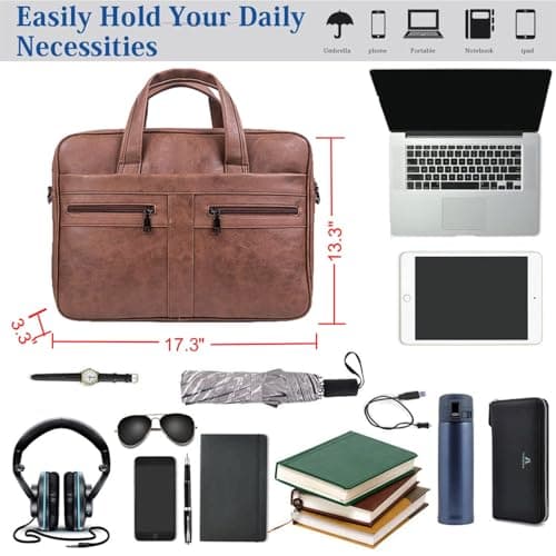 seyfocnia Men's Business Travel Briefcase Leather Messenger Bags Laptop Bag 17.3 inch Work Computer Bag Satchel Bag (Brown) — view 3