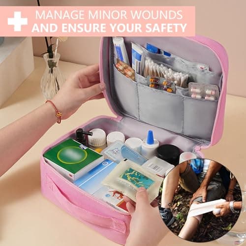 Portable First Aid Kit - Compact Emergency Medical Storage Bag Empty Medicine Bags for Travel, Camping, Hiking, Home, Car and Office Drug Pack Storage (26 x 12x 21cm Pink) — view 3